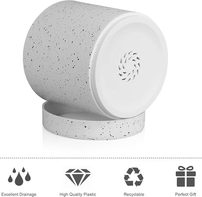 Meowell 6/5/4 inch Plant Pots, 3 Pack Cylinder Flower Pots for Small Indoor Outdoor Plants, Plastic Planters with Drainage Holes and Saucers for Garden Succulent House Plants, Speckled White