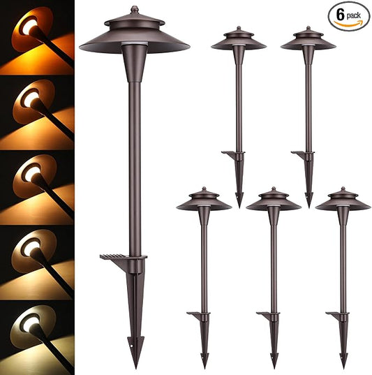 LEONLITE 6-Pack 5CCT Low Voltage LED Pathway Lights, Double Layer Head | 12-24V AC/DC, IP65, Landscape Path Lights, for Walkway Yard Garden, 1800/2700/3000/4000/5000K, Oil Rubbed Bronze, Aluminum