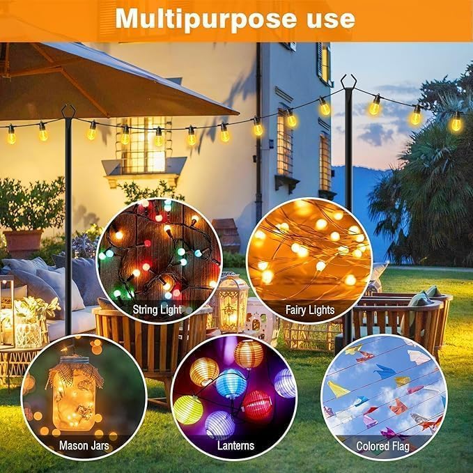 LETIANPAI 10Ft String Light Poles 2 Pack,Light Poles for Outside Lights,Outdoor with Fence Brackets Hanging Lights,Metal Stand Deck Patio Backyard