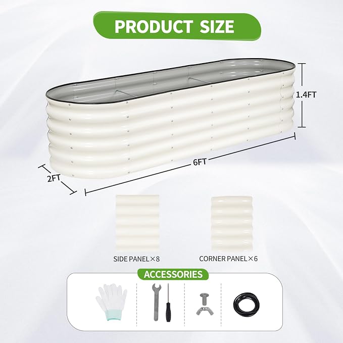 Galvanized Raised Garden Bed - 6x2x1.4FT Metal Planter Boxes Outdoor | Oval Steel Raised Bed Kit for Gardening with Protective Tape, Gloves for Vegetables, Flower, Herb (White)