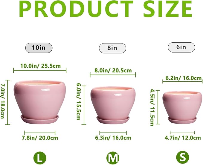 Ceramic Planters, 10+8+6 Inch Ceramic Plant Pots with Drainage Holes and Saucers, Flower Pots for Indoor Outdoor Plants, Modern Round Planter, Office Decor, Plant Lover Gifts, Set of 3, Pink