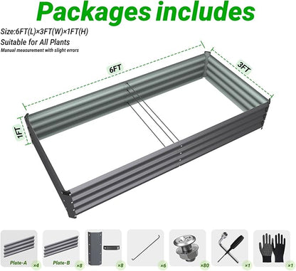 2PCS 6x3x1 FT Rectangle Metal Raised Garden Bed Kit, 0.5mm Thickened Dark Gray Color-Coated Galvanized Steel Outdoor Planter Box, Elevated Metal Raised Planters for Flowers, Vegetables, Fruits, Herbs