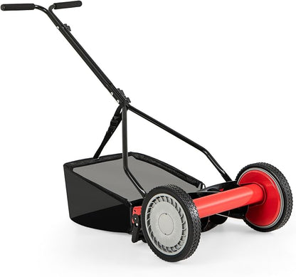 IRONMAX Lawn Mower, 14 Inch Push Reel Lawn Mower with 5 Steel Blades, Adjustable Cutting Heights, Grass Catcher Bag, Walk-Behind Manual Lawnmower for Garden Park Yard, No Motor (Red, 14 Inch)
