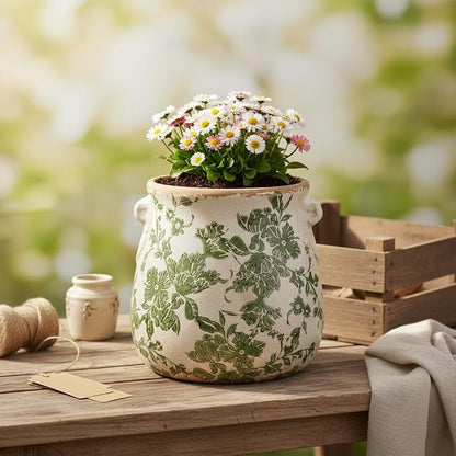 Ceramic Flower Vase, Cottagecore Vases & Planting Pots with Drainage | 6.68" Retro Farmhouse Indoor Plant Pots, English Cottage Decor for Kitchen Dining Table Living Room Bookshelf, Green