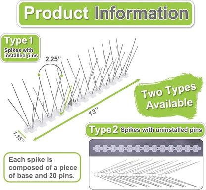 Bird Spikes Stainless Steel 100ft Coverage 93 Pack for Pigeons Small Birds Outdoor Use Bird Prevention Strips for Fence Woodpeckers with 304 Stainless Steel Pins and Plastic Base Not Rusty