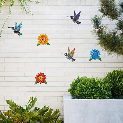3D Metal Hummingbird Flower Wall Art Garden Decor, 6 PCS 6“ Birds Sunflower Outdoor Wall Art, Floral Wall Hanging Art Sculpture Outside Garden Living Room Porch Yard, Gift for Women Mom