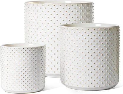 LE TAUCI 10+8+6 Inch Ceramic Pots for Plants, Indoor Planters with Drainage Hole and Plug, Raised Dots Cylinder Flower Pots Set of 3 for Living Room and Bedroom, Glossy, Arctic White