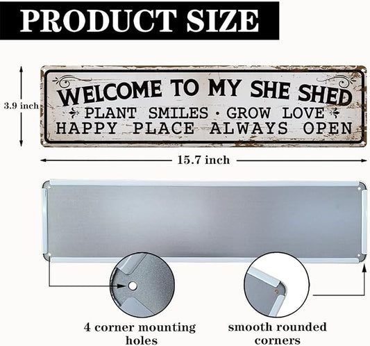 Garden Metal Tin Sign, Welcome to My She Shed Sign, Vintage Farmhouse Outdoor Wall Decor, for Garden Shed Porch Fence Door Yard, Gift for Gardening Lover, 15.7 x 3.9 Inches