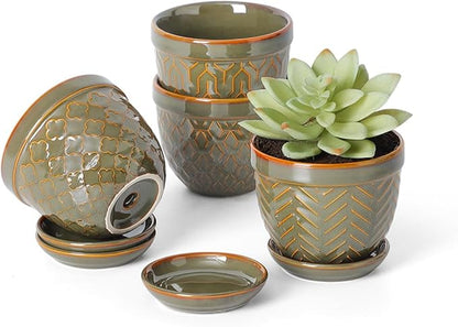 Sureasy Succulent Pots, 3.5 Inch Flower Pots for Indoor Plants, Small Plant Pots with Saucer & Drainage, Decorative Ceramic Planters for Succulent, Cactus, Set of 4, Green