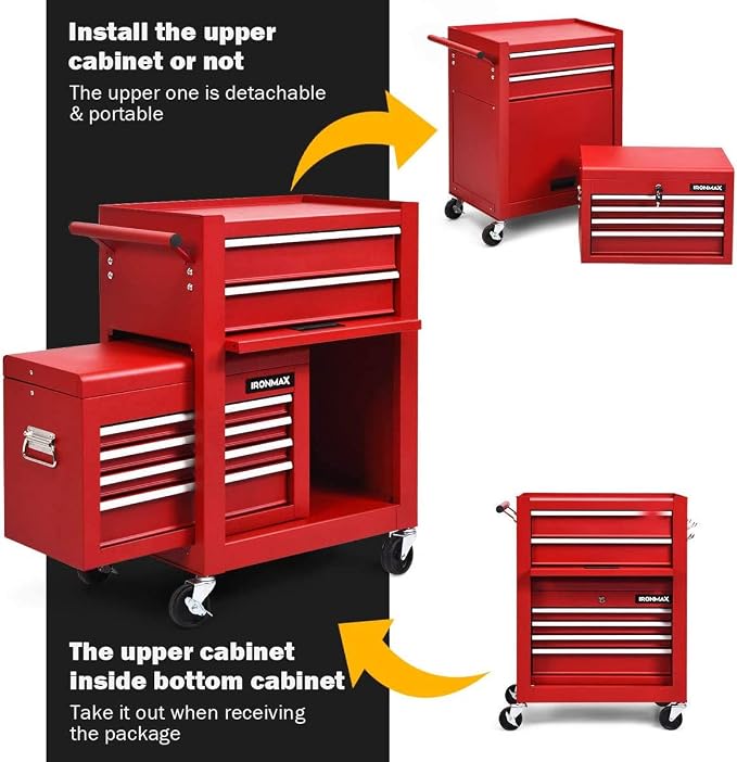 ARLIME 6-Drawer Rolling Tool Chest, Tool Storage Cabinet W/Sliding Drawers, Detachable Top Box & Locking System, Removable Toolbox Organizer for Garage & Warehouse (Red)