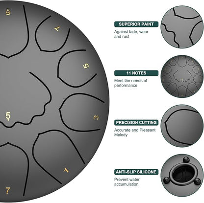 Rain Drum for Outside Garden, 8 Inches 11 Notes Steel Tongue Chakra Drum, Waterproof Meditation Rain Chime, Musical Instruments for Adult Gift with Bag, Music Book, Mallets (Black)