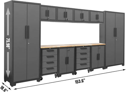 Torin 12 Piece Garage Storage Cabinet System，Workshop Cabinet Set in Black | Included Workshop Tool Organizer Chest with Lockers, Shelves and Wood Workbench, Black/Grey