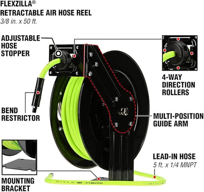 Flexzilla Open Face Retractable Air Hose Reel, 3/8 in. x 50 ft., Heavy Duty, Lightweight, Hybrid, ZillaGreen - L8611FZ & Pro Air Hose, 3/8 in. x 50 ft, Heavy Duty, Lightweight, Hybrid, ZillaGreen