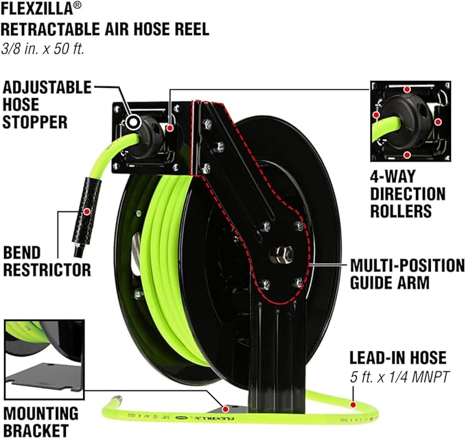 Flexzilla Open Face Retractable Air Hose Reel, 3/8 in. x 50 ft., Heavy Duty, ZillaGreen - L8611FZ & Air Hose, 3/8 in. x 50 ft., 1/4 in. MNPT Fittings, Heavy Duty, Lightweight, Hybrid, ZillaGreen