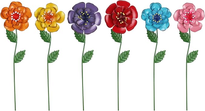 hogardeck Garden Decor for Outside, Set of 6 Metal Flowers Decorative Garden Stakes for Spring Decor, Yard Art Garden Decorations for Outdoor Lawn Porch Pathway Patio (Multi-Color)