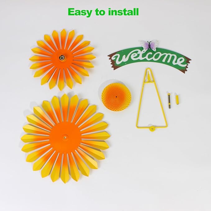 1 Pcs Metal Hanging Wind Spinners with Welcome Sign, 11.8 inch, Orange | Metal Sunflower Welcome Sign with Butterfly, Outdoor metal wall art decor, outside wall art Gardon decoration