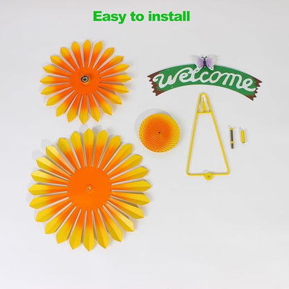 1 Pcs Metal Hanging Wind Spinners with Welcome Sign, 11.8 inch, Orange | Metal Sunflower Welcome Sign with Butterfly, Outdoor metal wall art decor, outside wall art Gardon decoration