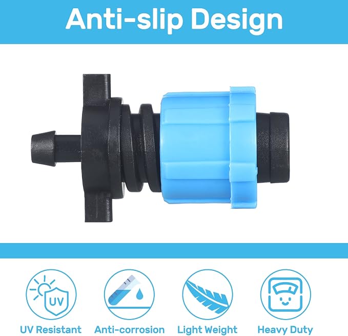 Frienda 100 Pcs Drip Tape Connector Fittings, Locks 1/4" Barb for 5/8" Drip Irrigation Fitting Kit Irrigation Tubing Connectors Tools Coupling Barbed Locking Fitting (Blue)