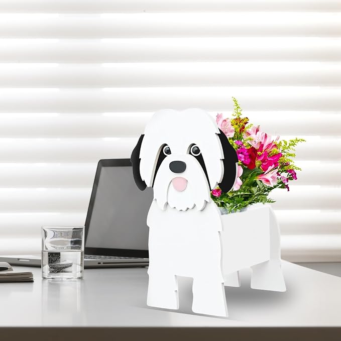 Black and White Shih Tzu Dog Planter Pots, 9.45 x 8.97 x 13.5 in | Dog Flower Pot, Cute Animal Shaped Plant Pot, Gifts for Women & Pet Lovers, Indoor Outdoor Garden Home Office Decor