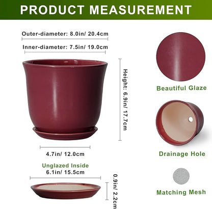 Ceramic Planter - 8 Inch Plant Pot with Drainage Hole and Saucer, Round Planter for Indoor Outdoor, Modern Flower Pots, Porch Garden Home Decor, Gifts for Plant Lovers, Red