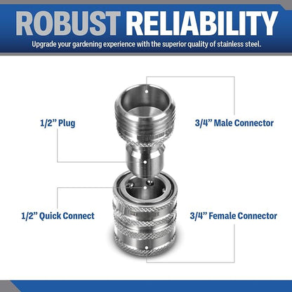 Essential Washer ¾” Stainless Steel Garden Hose Quick Connect Fittings | Plug & Coupler Set of 3