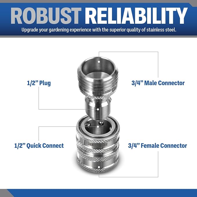 Essential Washer ¾” Stainless Steel Garden Hose Quick Connect Fittings | Plug & Coupler Set of 1