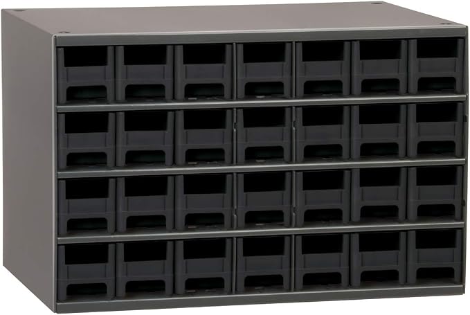 Akro-Mils Steel Garage Storage Cabinet, Small Parts Organizer Metal Cabinet for Hardware, Nails, Screws, Bolts, Nuts, and More, 17" W x 11" D x 11" H, 28-Drawer, Gray Cabinet/Black Drawers (19228)