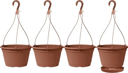 4 Pcs Hanging Planters for Indoor Plants,10" Large Plastic Hanging Basket with Drainage Trays & Chain Holder for Outdoor Indoor Plants Garden Balcony Decoration, Brown