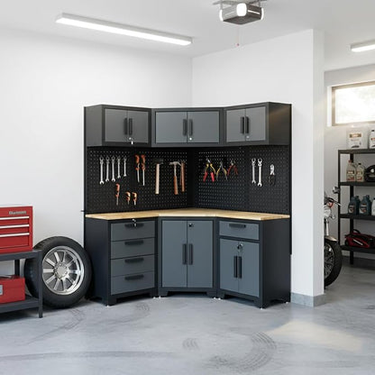 Garage Storage Cabinet System 8-Pcs Garage Cabinets and Storage System Corner Workshop Set with Corner Cabinet, Cabinet Drawers, Workbench, Pegboard for Tool Organization, Black and Grey