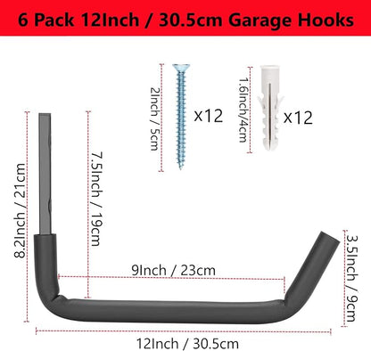 Garage Storage Heavy Duty Utility Hooks, 12 Inch Wall Mount Storage Hanger Organizer for Hanging Tool, Chairs, Hoses, Ladder, Bulk Items, Ropes, Bike