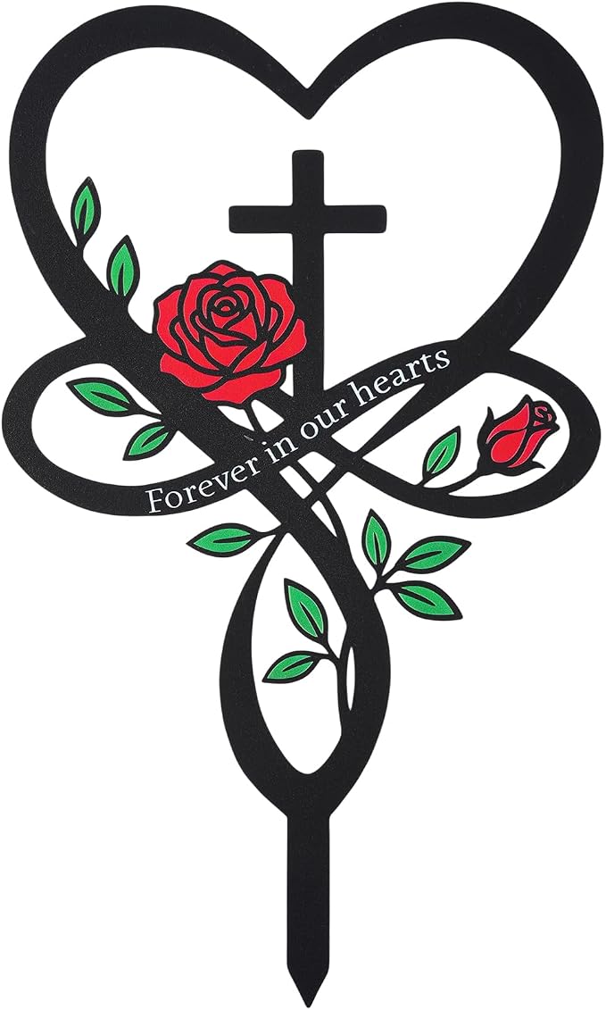 Cemetery Decorations for Grave, Forever in Our Hearts Metal Grave Marker for Outdoor Garden Yard Sympathy Decor, Flower Heart Cross Memorial Plaque Stake for Remembrance Son Mom Dad