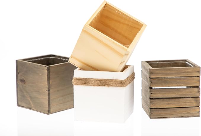 Jute Rope Wood Planter (7"x7") Whitewashed Wooden Boxes l Garden Centerpiece Display l Wedding Flowers Holder (Set of 2)