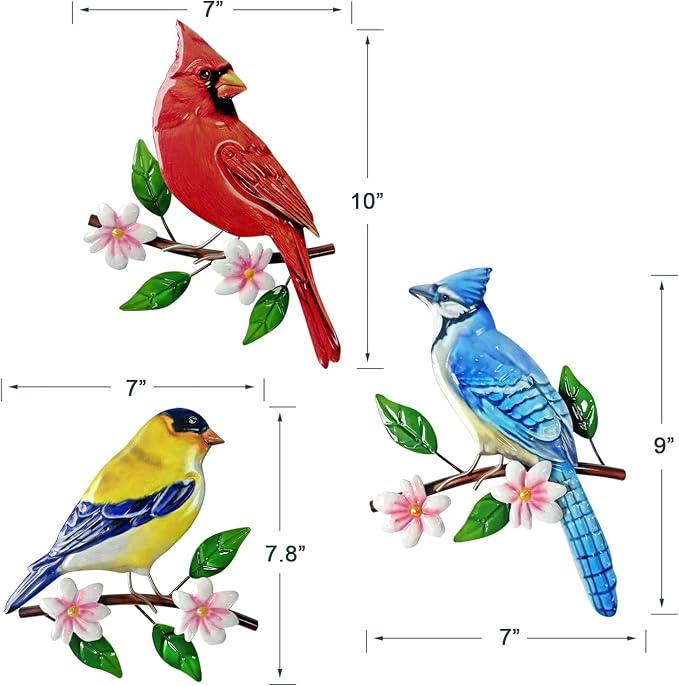 Limygus 3 Piece Metal Birds on Branch Wall Art, Floral Indoor Outdoor Hanging Decor for Garden Fence Courtyard