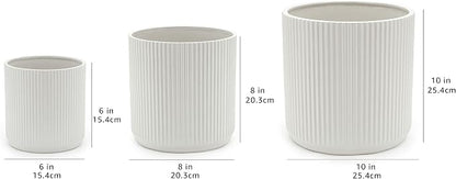 Amazon Basics Fluted Ceramic Planters for Indoor Outdoor Plants, Round Flower Pots with Drainage Hole, Set of 3, 6 inch, 8 inch, 10 inch, White