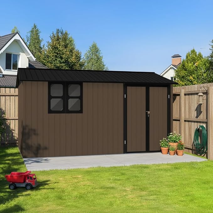 KEIKI 12x10 Ft Metal Outdoor Storage Shed Garden with Window, Foldable Worktable & Shelves, Lockable Door, Waterproof Apex Roof Heavy Duty Tool House for Backyard Garden Lawn, Brown