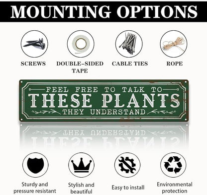 Funny Garden Metal Tin Sign, Rustic Farmhouse Decor, Feel Free to Talk to These Plants, Garden Wall Art for Yard Fence Door Porch, Indoor Outdoor Gardening Decoration, 15.7 x 3.9 Inches