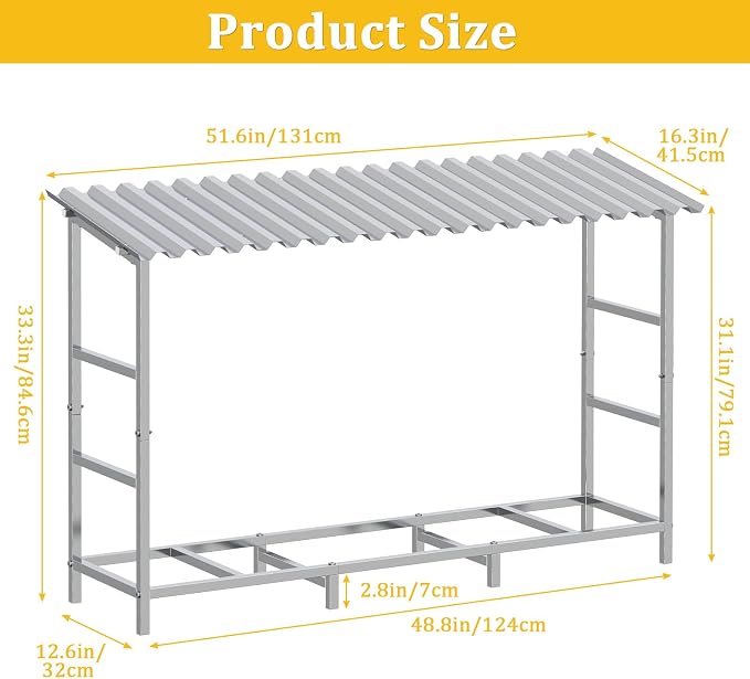LIANTRAL 4ft Firewood Rack Outdoor with Cover, Heavy Duty Metal Fire Wood Storage Rack for Indoor Outdoor, Log Holder Stand for Fireplace