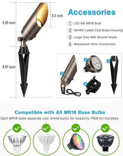 HIBOITEC Solid Brass LED Landscape Lights, 12V Heavy Duty Spotlights Light Fixture with 5W Aluminum Housing MR16 LED Bulb 2700K 450LM, Low Voltage Outdoor Spot Lighting, Uplight for Garden, 12Pack