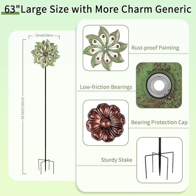 Stargarden Outdoor Wind Spinner-Double Wind Sculpture | 63*13"Metal Windmill for Garden Patio Yard Decor -Green
