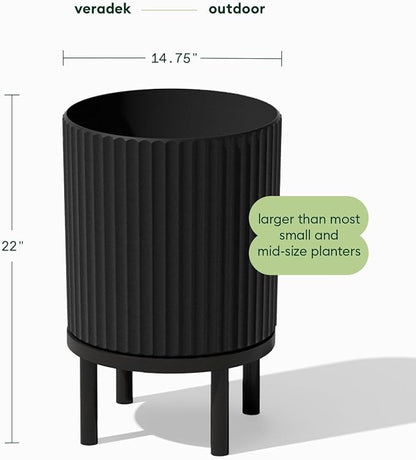 Veradek Demi Series Round Planter w/ Stand for Porch/Patio | Durable Plastic-Concrete & Wooden Stand | Modern Décor for Tall Plants, Flowers