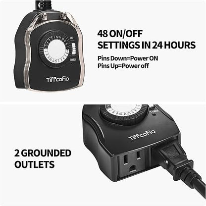 TiFFCOFiO Outdoor Timer Outlet for Lights, 24 Hour Mechanical, Outdoor Light Timer Waterproof, 2 Grounded Outlets for Home and Garden, 15A 1/2HP, Heavy Duty, CSA Listed (4 Pack)