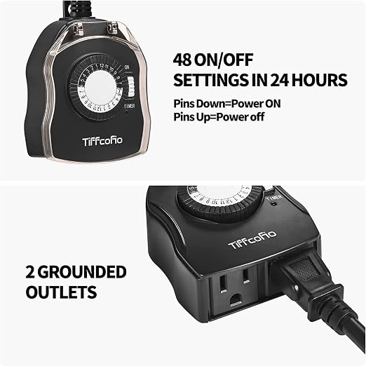 TiFFCOFiO Outdoor Timer Outlet, 24 Hour Mechanical Outdoor Timer for Pool Pump, Outdoor Light Timer Waterproof, 2 Grounded Outlets for Home and Garden, 15A 1/2HP, Heavy Duty, CSA Listed (1 Pack)