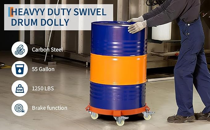 55-Gallon Drum Dolly, Heavy Duty 1250Lbs Load Capacity,Barrel Dolly Cart with Cross Braces & Swivel Casters Wheel,Steel Fram,Non Tipping Design,Barrel Cart with Brake for Warehouse Drum Handling