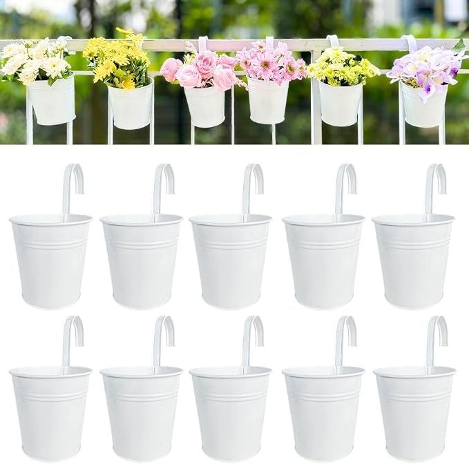 LaLaGreen Rail Planter (4 in, 10 Pack) White Metal Railing Flower Pots | Balcony railing planters for apartment, patio, porch, deck, fence, herb, succulent, flower boxes, outdoor plants