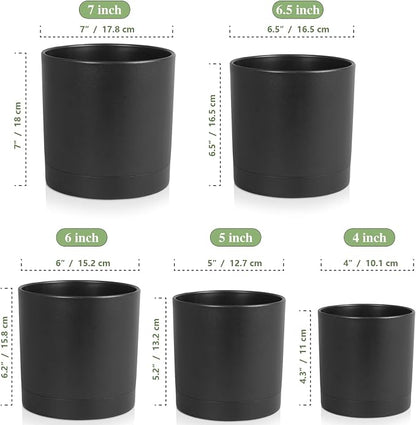 Meowell 7/6.5/6/5/4 inch Plant Pots for Small Indoor Outdoor Plants, 5 Pack Cylinder Flower Pots with Drainage Holes and Saucers, Plastic Planters for Garden Succulent House Plants, Black