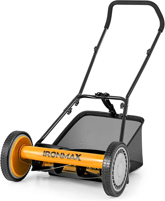 Goplus Manual Lawn Mower, 16 Inch 5-Blade Walk-Behind Cordless Grass Cutter with 7 Gallon Removable Grass Collect Bag, Adjustable Cutting Heights, Push Reel Lawn Mower for Yard, Garden