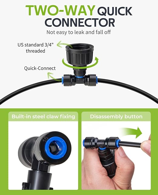 HIRALIY 59FT Drip Irrigation Kit, Quick-Connect Garden Watering System with 15 Adjustable Misting Nozzles and 1/4 in Tubing for Greenhouse, Hanging Plants, Raised Beds & Patio Containers