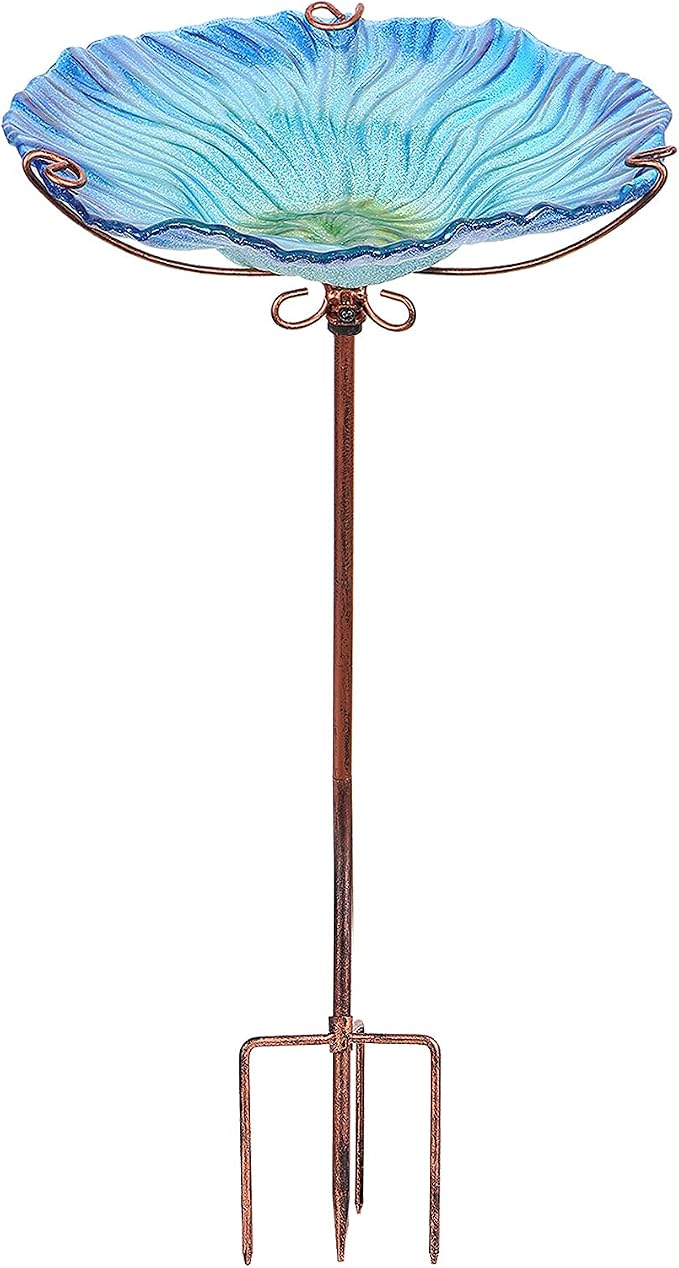MUMTOP 26 Inch Height Glass Birdbath Birdfeeder with Metal Stake Garden Outdoor Blue