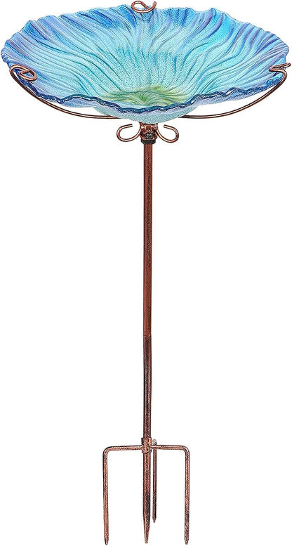 MUMTOP 26 Inch Height Glass Birdbath Birdfeeder with Metal Stake Garden Outdoor Blue