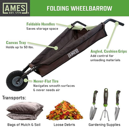 AMES Folding Wheelbarrow Lawn Yard Cart, Lightweight, Heavy Duty, Single Tire, for Leaves, Mulch, Garden Supplies